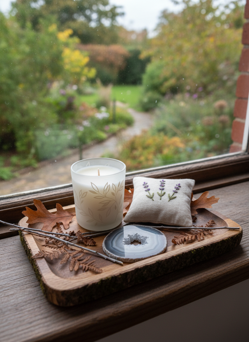 A photographic still life of a small, moss-lined wooden tray placed on a windowsill, displaying a collection of finished home crafts: a hand-poured soy candle in a frosted glass vessel etched with subtle botanical motifs, a tiny embroidered linen sachet filled with dried lavender, and a polished slice of agate used as a coaster. Around them are artfully scattered dried leaves and a few tiny twigs, echoing the view of a leafy garden just beyond the softly blurred windowpane. Late-afternoon, slightly overcast light diffuses gently across the scene, creating a calm, sophisticated mood. Shot at a slight angle with shallow depth of field, the composition feels intimate, natural, and quietly enchanting, highlighting the beauty of everyday handmade objects.